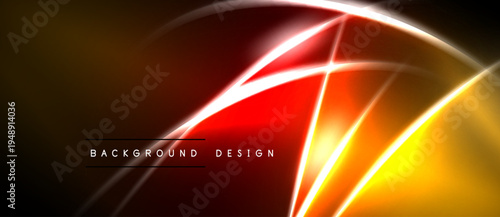 Abstract design features vibrant orange, red glows. Lines intersect creating dynamic visual effect. Dark background emphasizes bright elements.