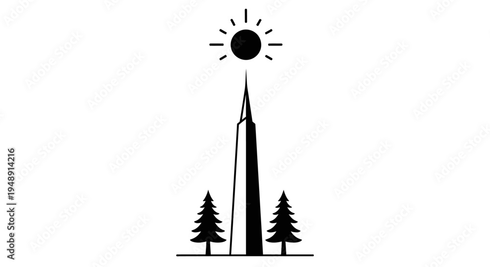 Fototapeta premium Modern Skyscraper, Sun, Trees - Minimalist Black White Graphic Illustration for Travel Architecture