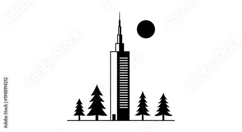 Urban Architecture  Nature: Minimalist Black and White Skyscraper with Trees Vector Icon