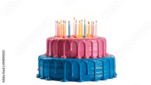 Two Layer Birthday Cake with Colorful Candles on isolated on a transparent background