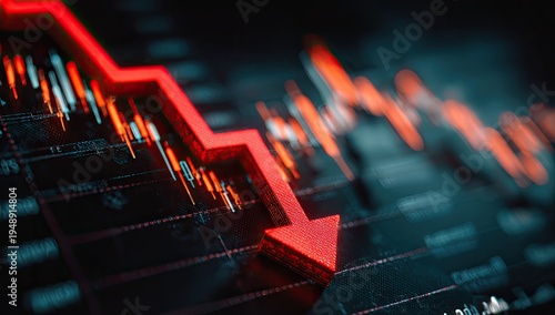 Red downward arrow on stock market graph indicates financial decline