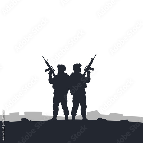 Silhouette of two soldiers with rifles standing back to back in a war zone