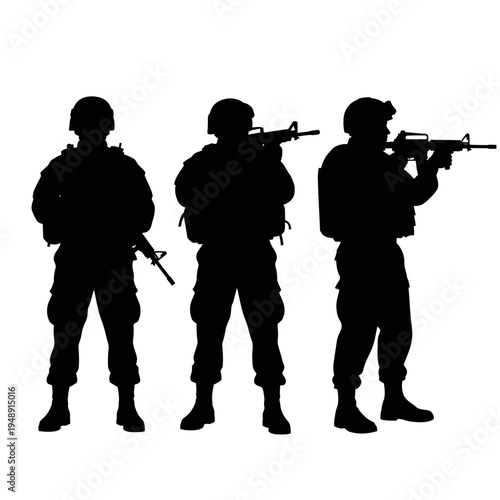 Silhouette of Three Soldiers with Rifles, Ready for Action