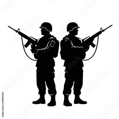 Silhouette of two soldiers standing back to back with rifles, ready for combat.