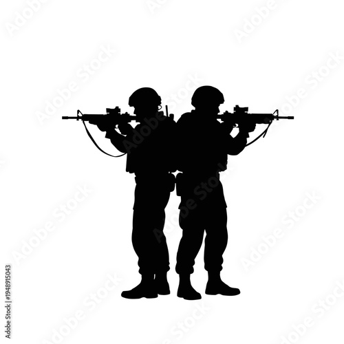 Silhouette of two soldiers with rifles standing back to back, ready for action.