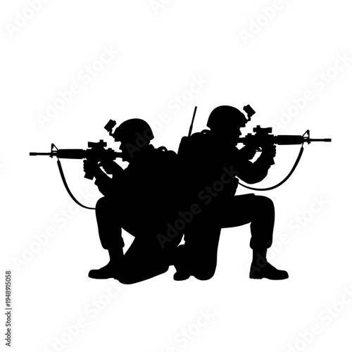 Silhouette of two soldiers kneeling with rifles, ready for combat, military teamwork