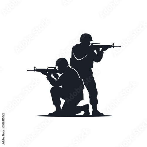 Silhouette of two soldiers aiming rifles, tactical operation, military action, teamwork