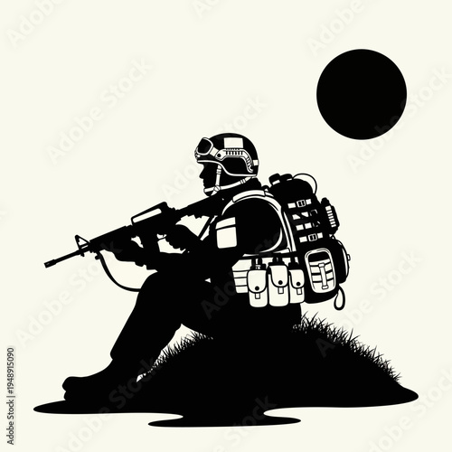 Silhouette Soldier Sitting with Rifle and Backpack Under a Black Sun