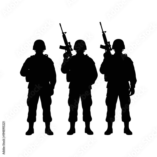 Silhouette of Three Soldiers Standing with Rifles, Military Concept