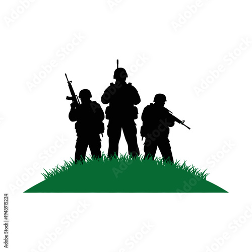 Silhouette of Three Soldiers Standing on Green Hill with Rifles - Military Teamwork Concept