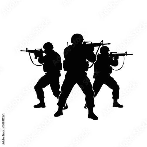 Silhouette of three soldiers with rifles in combat stance, ready for action.