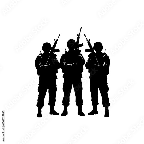 Silhouette of Three Soldiers Standing with Rifles, Military Teamwork Concept
