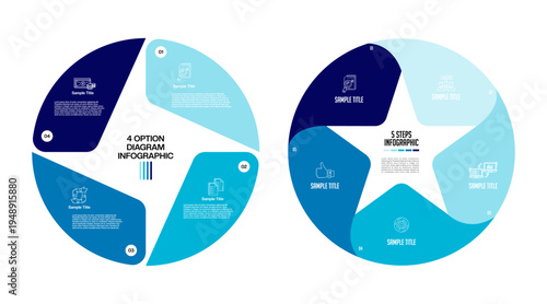 Circle stars diagram infographic set. Circular arrows with 4-5 steps, options. Process chart, cycle diagram for business presentation, report, brochure. 