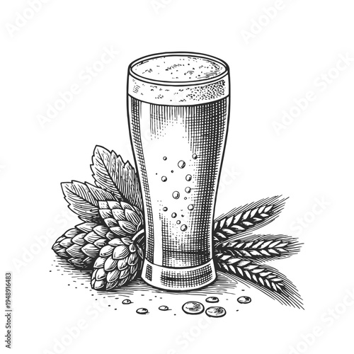 Vintage engraved beer glass with hops and barley. Hand drawn black and white vector illustration in retro engraving style, ideal for brewery branding, craft beer labels, pub menus and packaging.