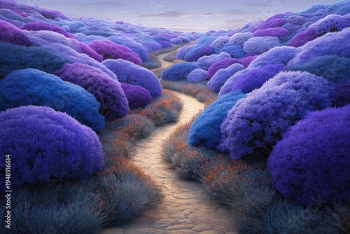 A winding path through a landscape of stylized, vibrant purple and blue foliage