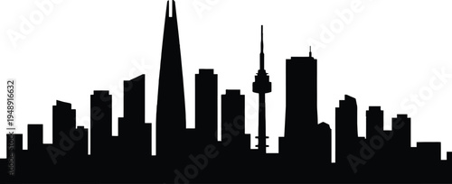 Black silhouette of Seoul South Korea city skyline featuring the iconic Lotte World Tower and N Seoul Tower alongside modern skyscrapers in a minimalist urban view.