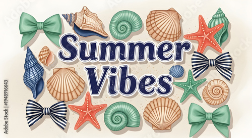 Title (SEO-optimized): “Bright Summer Vibes: Cheerful Beach-Themed Graphics with Seashells, Starfish, and Pastel Bows for Travel, Social Media, and Stock Photography”