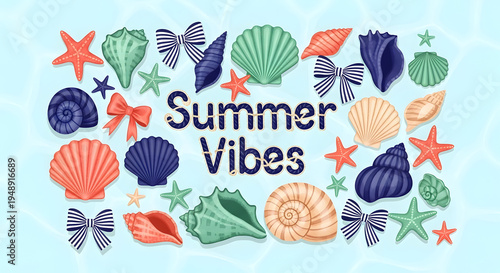 Title (SEO-optimized): “Bright Summer Vibes: Cheerful Beach-Themed Graphics with Seashells, Starfish, and Pastel Bows for Travel, Social Media, and Stock Photography”