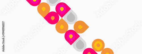Colorful circles diagonally arranged. Pink, yellow, orange hues dominate composition. Minimalist design, simple shapes present. Clean aesthetic.