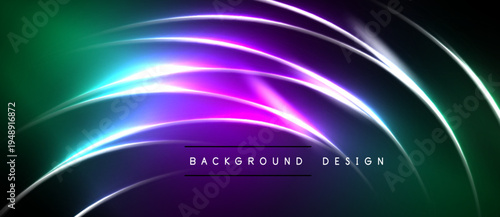 Abstract neon lines create vibrant, flowing curves. Dark background emphasizes bright colors, modern design element.