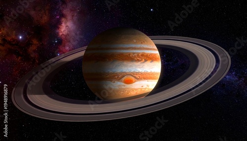 Digitally rendered Jupiter with vivid bands and imaginative ring system, glowing in deep space with stars and nebula background.