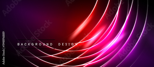 Vibrant neon lines curve across dark background. Red, purple hues create dynamic visual effect. Modern design element.