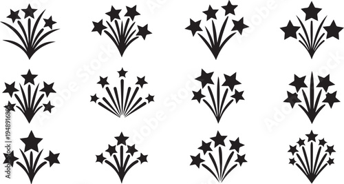 Fireworks explosion of stars black icons set on white background