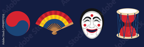 Traditional Korean cultural objects featuring the iconic red and blue Taegeuk symbol a colorful folding fan a smiling Hahoe wooden mask and a Janggu hourglass drum.