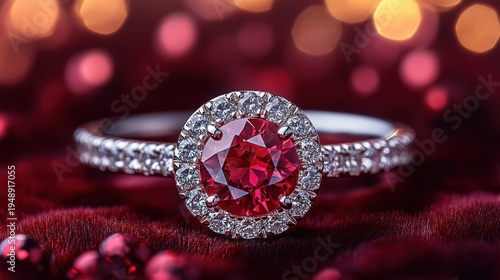 Elegant diamond ring with a vibrant red gemstone on a plush velvet surface.