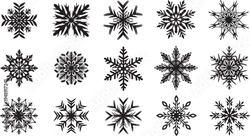 Collection of unique black snowflakes on white background