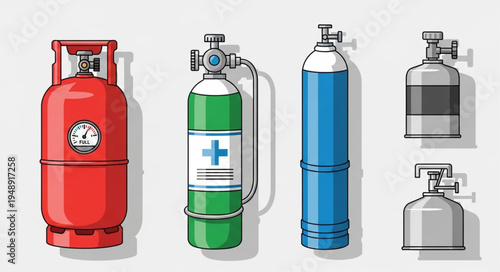 Various Gas Cylinders - Red Propane, Green Oxygen, Blue Medical, and Silver Industrial.