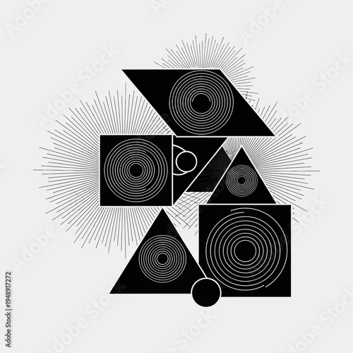 Abstract Geometric Composition with Concentric Circles and Rays