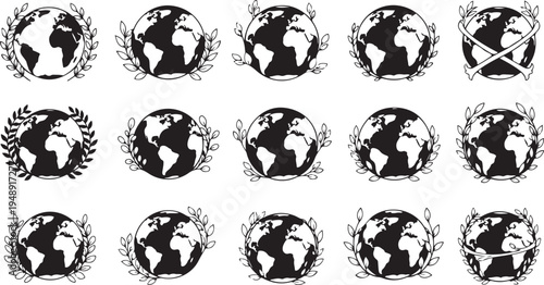 Earth Globe Icons with Laurels and Symbols
