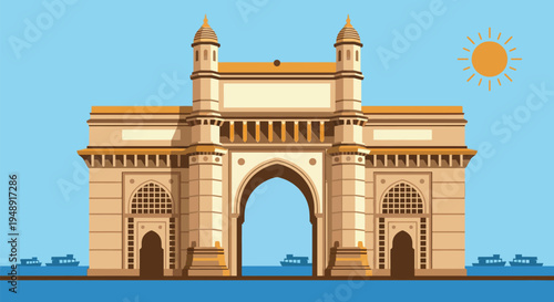 Famous historical Gateway of India monument in Mumbai showing the grand colonial architectural archway next to the Arabian sea with boats and bright shining sun.