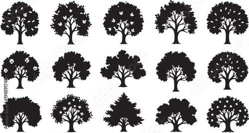 Collection of various tree silhouettes on white background
