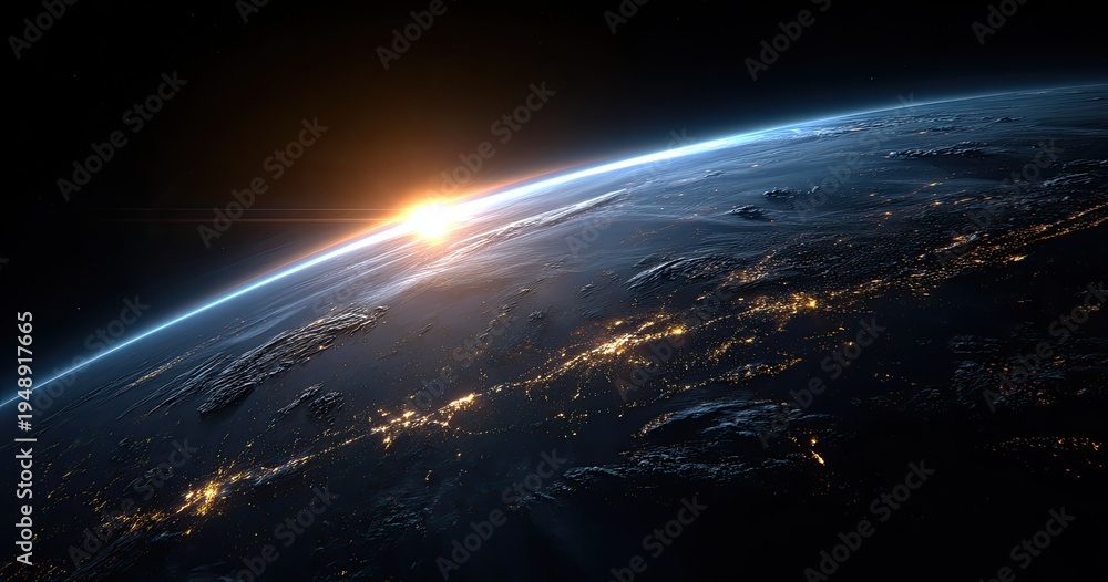 Fototapeta premium Sunrise over Earth's horizon, illuminating continents with city lights below