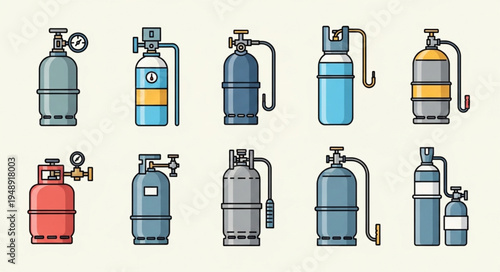 Collection of Colorful Gas Cylinders with Valves and Gauges.