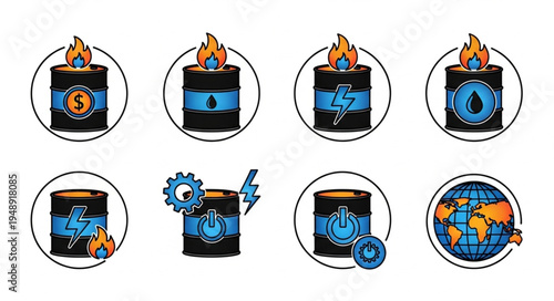 Oil Barrel Icons with Flames and Global Energy Concepts.