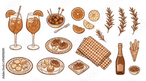 Hand drawn italian aperitivo set with olives spritz glasses citrus slices and rosemary sprigs in a rustic style
