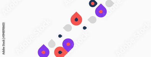 Abstract colorful shapes present. Dots, circles, teardrops form dynamic composition. Minimalist design, clean aesthetic. Bright hues contrast white background.