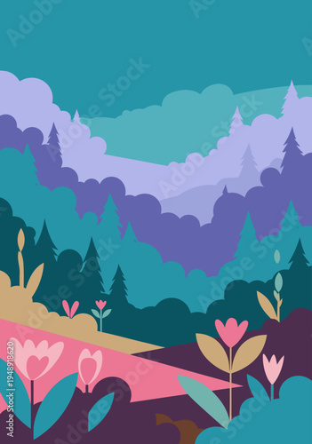 A stunning vector illustration of a colorful fantasy landscape with rolling hills and stylized flowers in a whimsical, dreamlike style