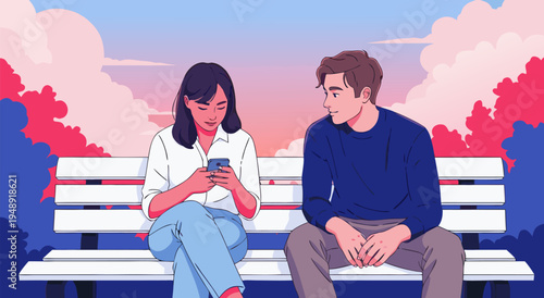 Man observing woman on phone on park bench, vector illustration of a romantic encounter or social distance, a quiet moment in nature during sunset