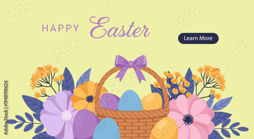 Happy Easter vector illustration with eggs in a basket surrounded by flowers and leaves on a yellow background, celebrating spring