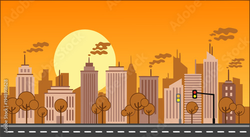 Vibrant vector illustration of a modern city skyline at sunset, with buildings, trees, and a traffic light under an orange sky