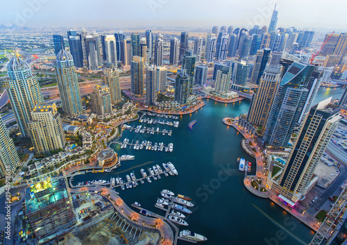 Bild auf Leinwand Aerial View of Dubai Marina Skyline, Luxury Waterfront Hotels and Residential To