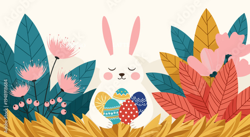 Adorable Easter Bunny Illustration Holding Colorful Decorated Eggs, Surrounded by Spring Flowers and Foliage - Vector Art
