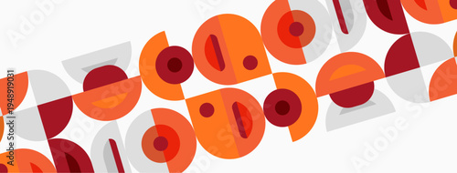 Abstract pattern features repeating circles, rectangles. Warm orange, red hues dominate neutral background. Minimalist design evokes retro aesthetic.