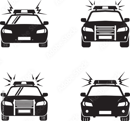 Four black and white illustrations of police cars with broken windshields