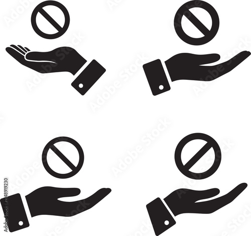 Four black hands with a prohibition sign in silhouette style