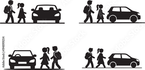 Silhouette illustrations of people walking with cars in various positions